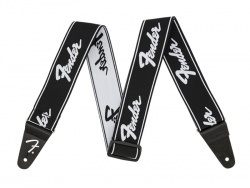 Fender WeighLess 2" Running Logo Strap, Black/White