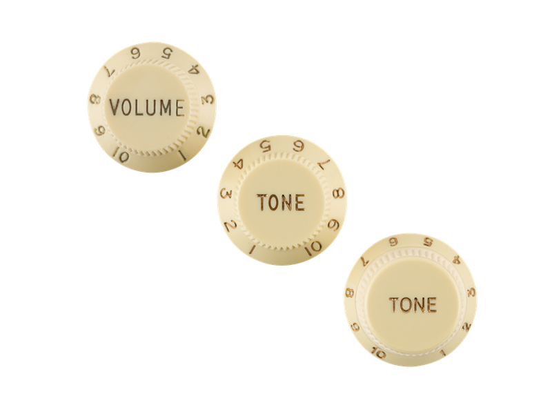 Fender Stratocaster Knobs, Aged White (Volume, Tone, Tone) Left-Handed | Pickguard - 01